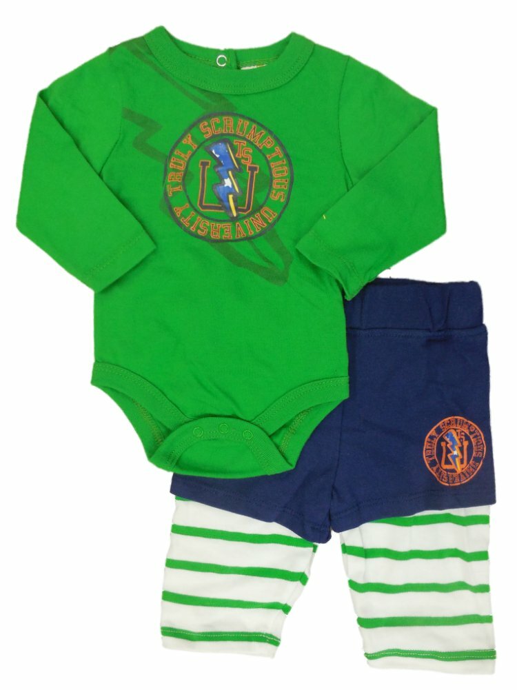 Truly Scrumptious Infant Boys Green Lightning Bolt Creeper Striped Pants Set