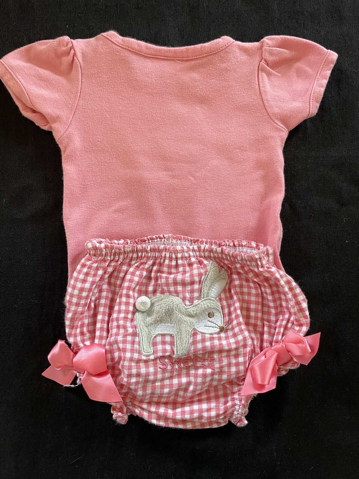 Elegant Baby Pink Embroidered Bodyshirt & Plaid Bunny Applique Diaper Cover-6-12