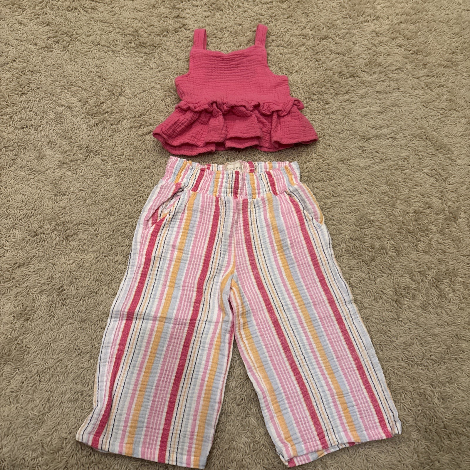 BTWEEN Girls 2T Outfit Set Pink Ruffle Tank Top & Striped Wide Leg Pants Spring