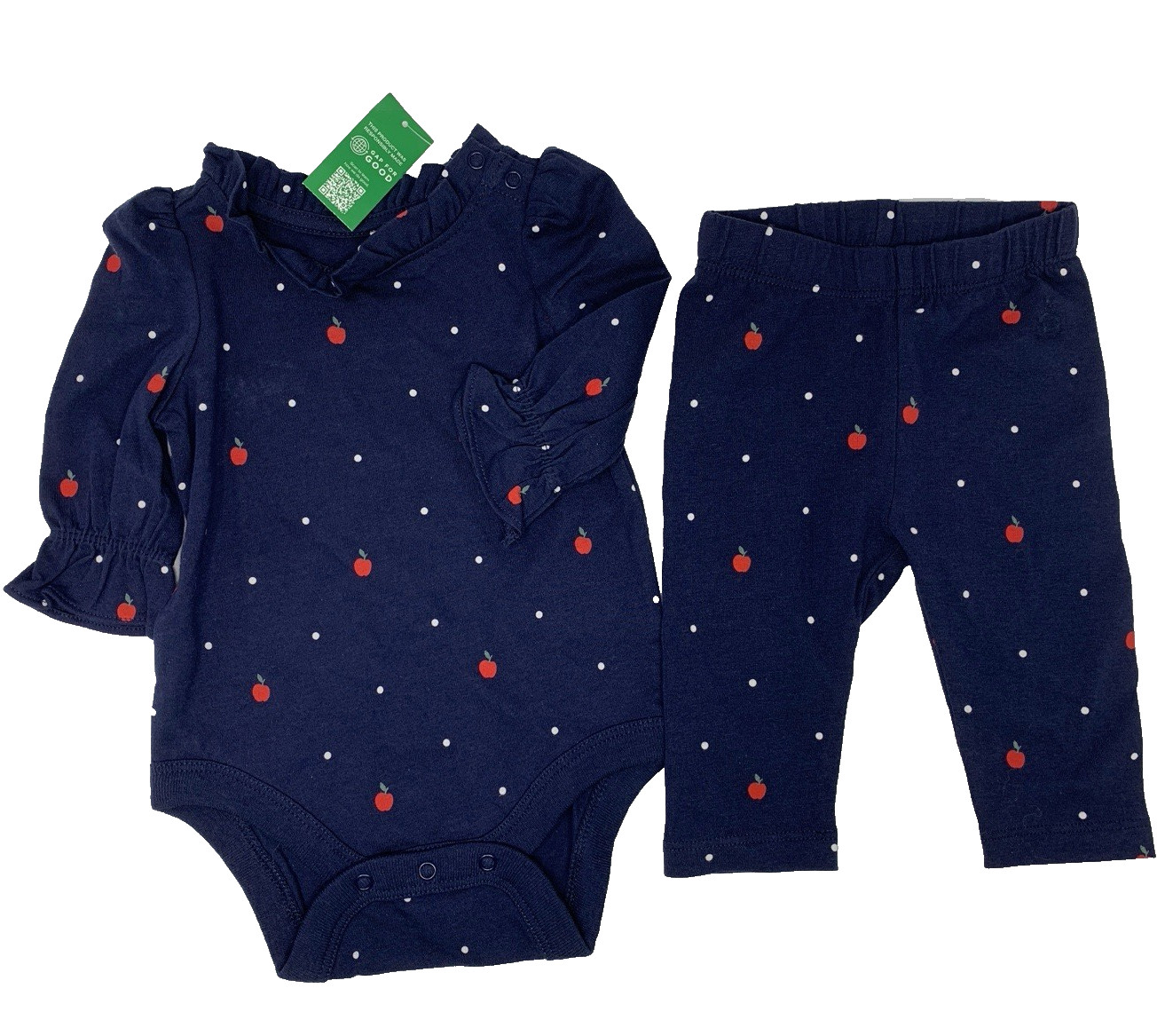 NWT Baby Gap Girls 0-3 Month Blue Bodysuit and Pants Set with Red Apple Print
