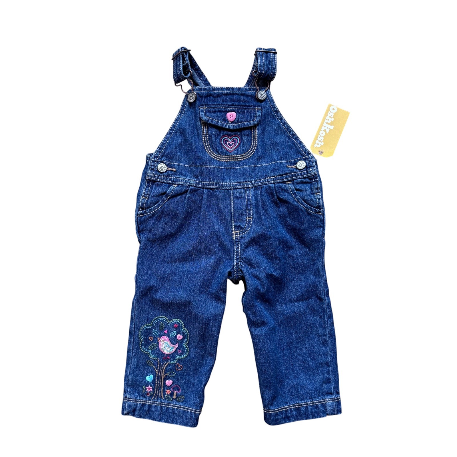 Vintage Oshkosh Denim Overall Baby Girl Jean Bib Embroidered Hearts Tree NEW