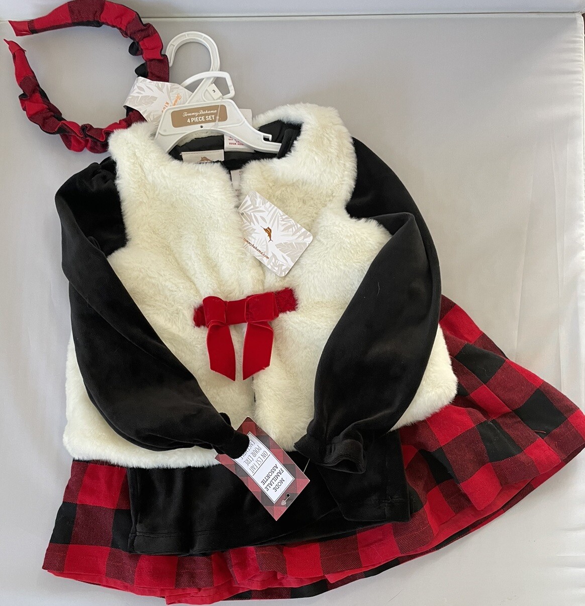 Tommy Bahama Girls 4PCs Holiday Buffalo Plaid Outfit-Top,Vest,Skirt,HB SZ 3T NWT
