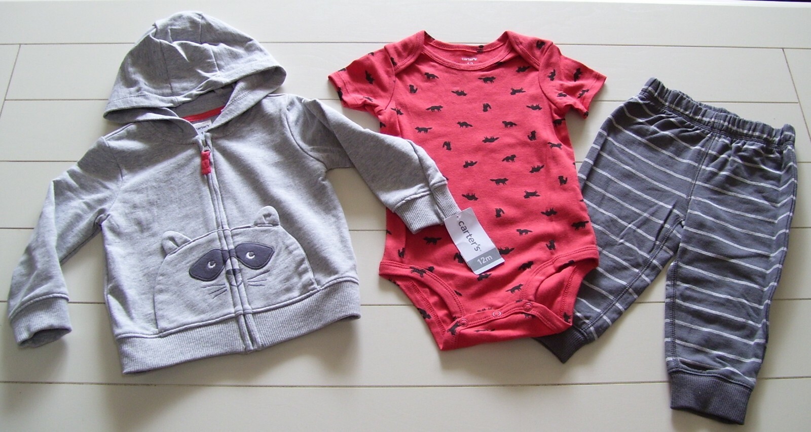 Boys Carter’s 3 Pc Raccoon Jacket Bodysuit Pants Outfit Sz 12M