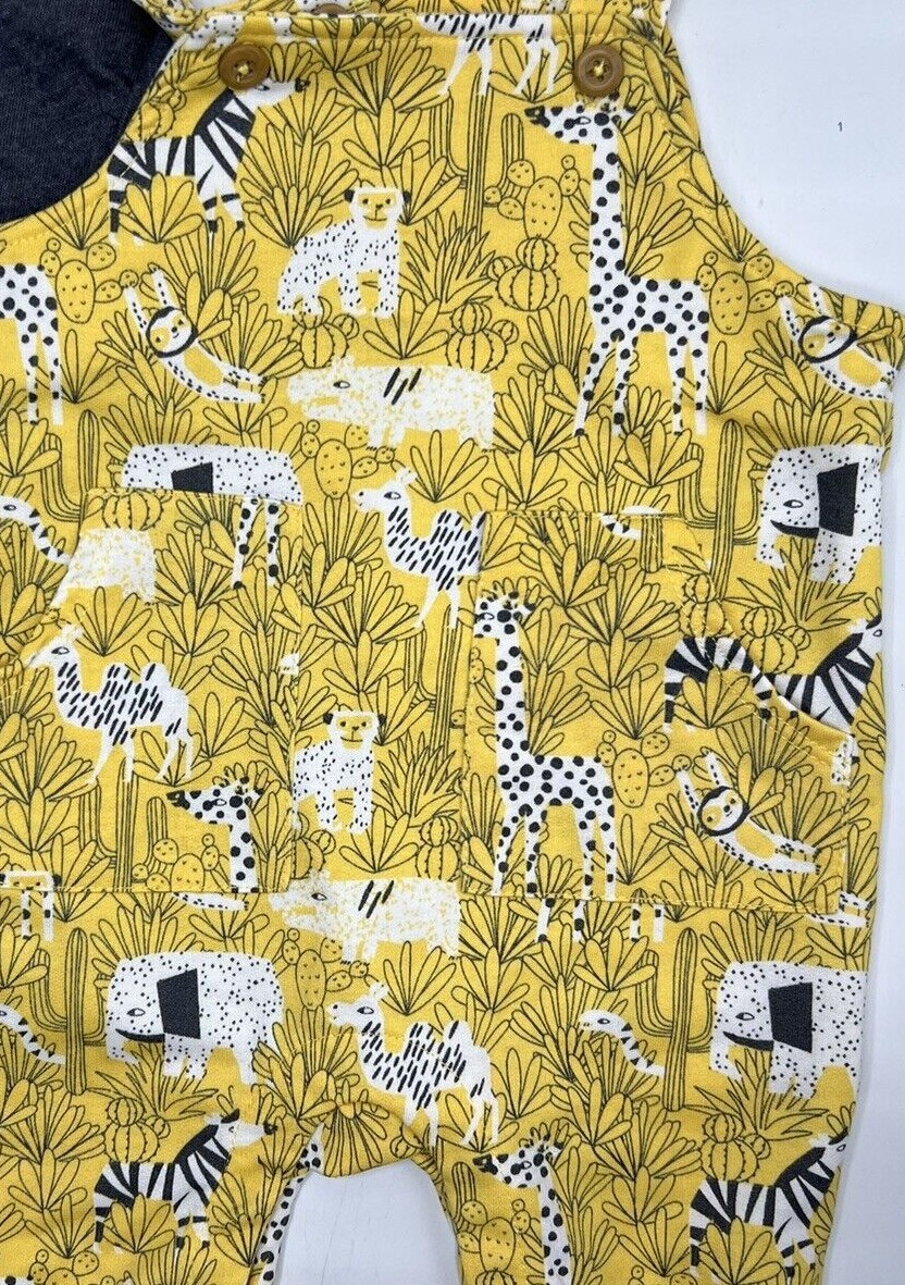 Boys Size 3-6M 3-Piece Set Coverall & T-Shirt Bib Outfit Animals Yellow Gray