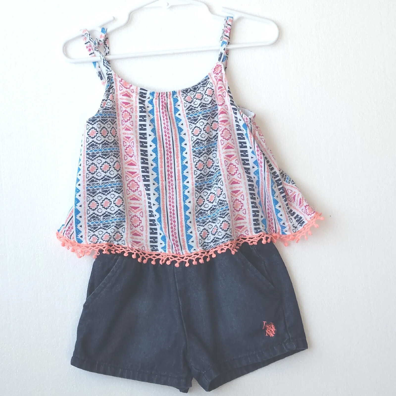 U.S. Polo Assn Romper 3T Denim Shorts Boho Print Top Adjustable Straps Fringe