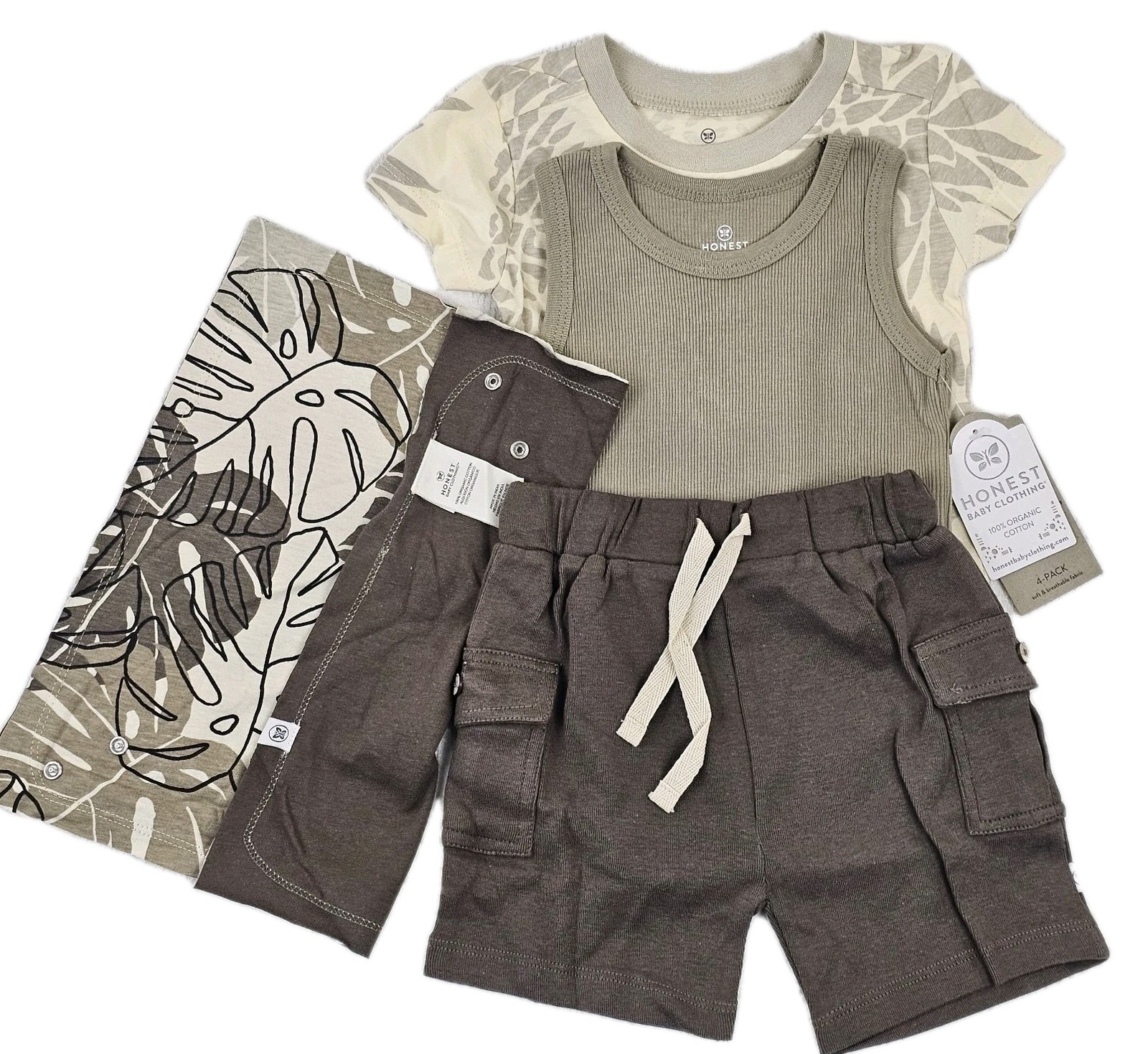 4-Pc Set 100% Organic Cotton T-Shirt, Muscle Tee, Shorts & Bandana 6-9M Sage NWT