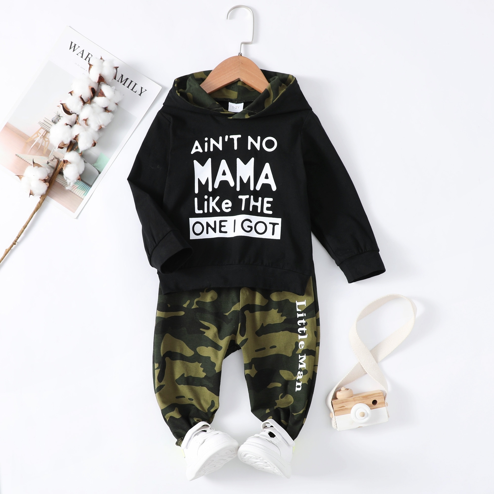 1-6Years Clothes Black Long Sleeved Hoodie Camouflage Pants Spring Outfit Suit