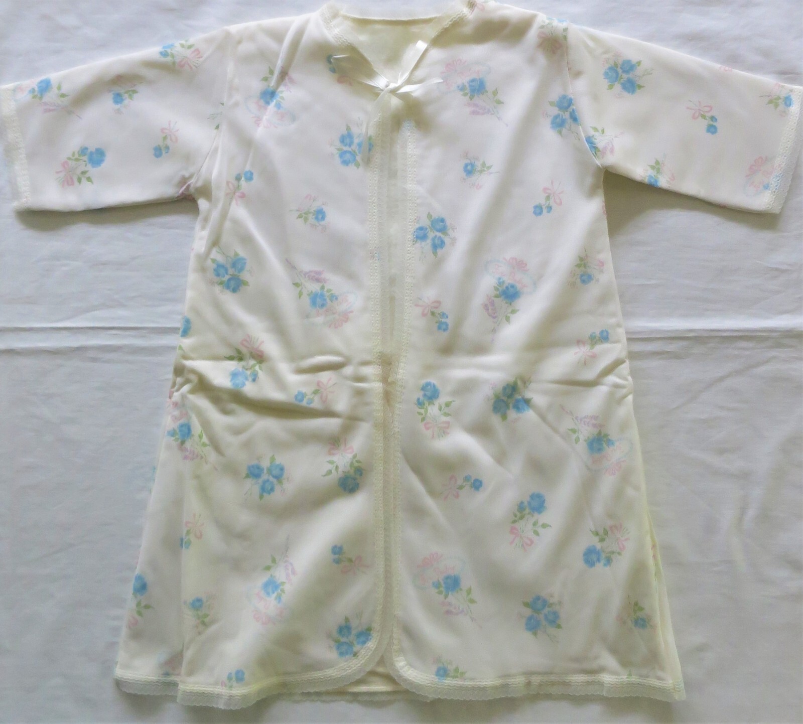 Vintage Long Baby Robe Blue Rosebuds Lace Trimmed Synthetic Brushed Interior 2