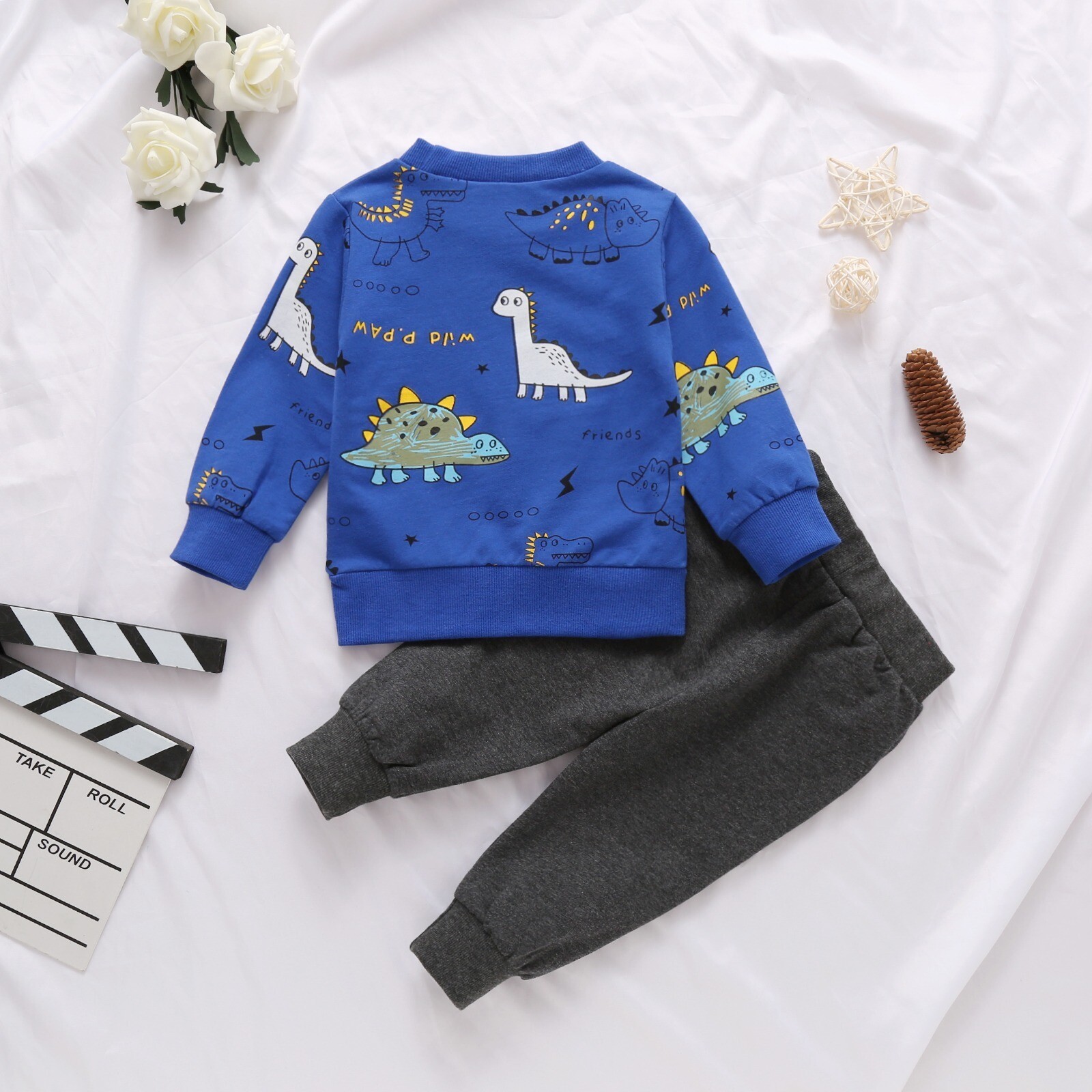 Infant Baby Boys Cute Dinosaur Print Round Neck Sweatshirt Ribbed Pant Tracksuit