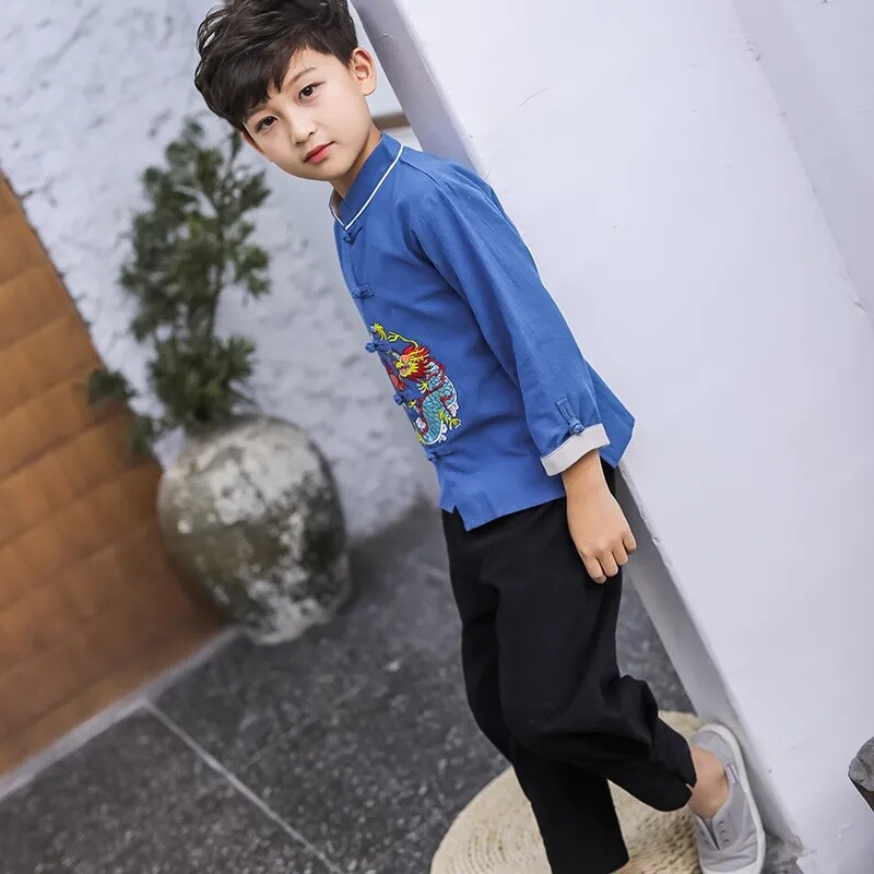2Pcs Kids Boy Hanfu Chinese Tang Suit Outfits New Year Costume Embroidery