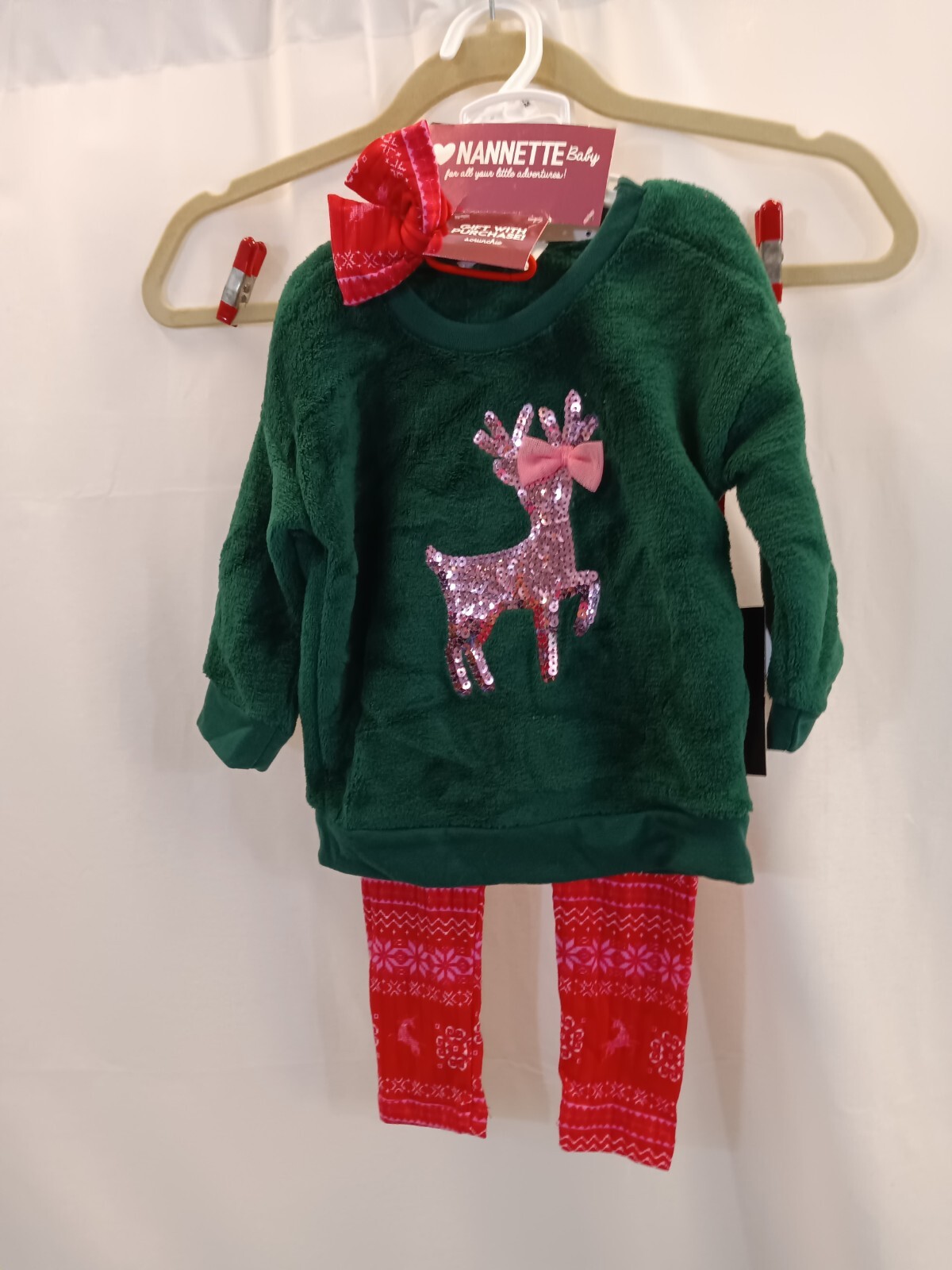 Nannette Baby Sequin Reindeer Faux Fur 3Pcs 18M Set with Bow Accessory NWT