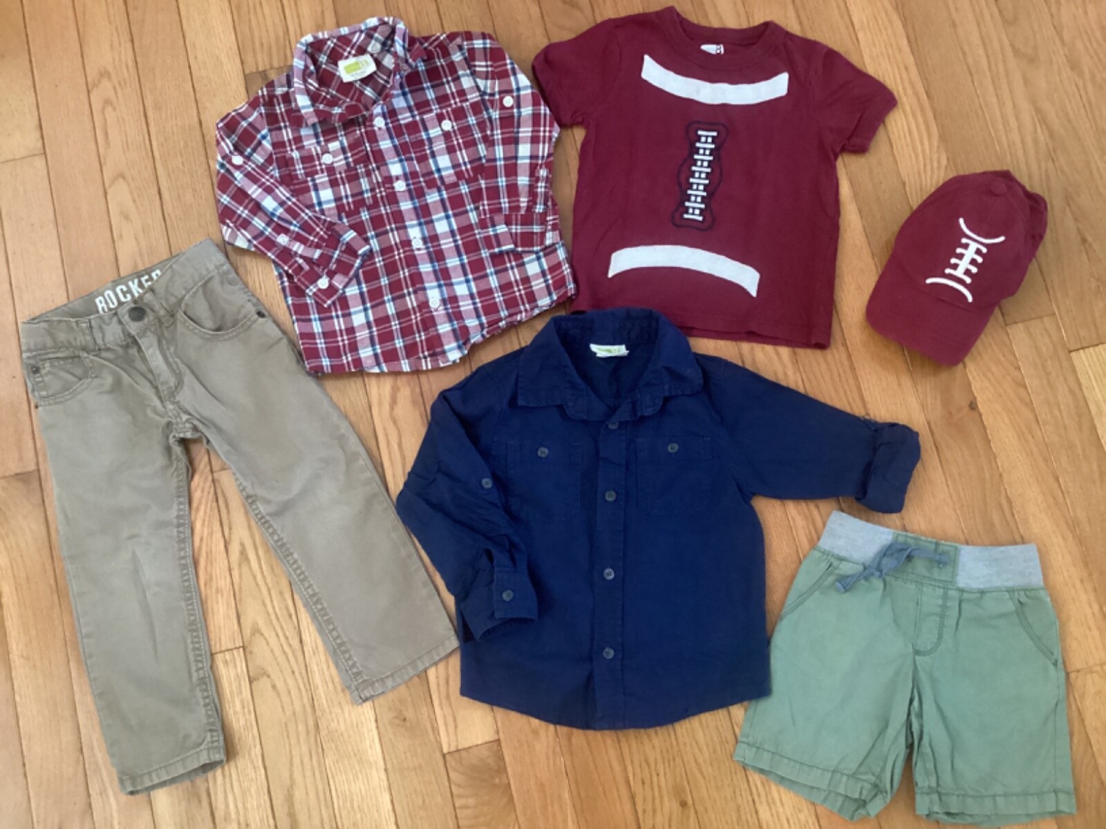 Crazy 8 Size 18-24 M/2T Shorts Football T Shirt/Hat 2 Button Ups Khaki Pants