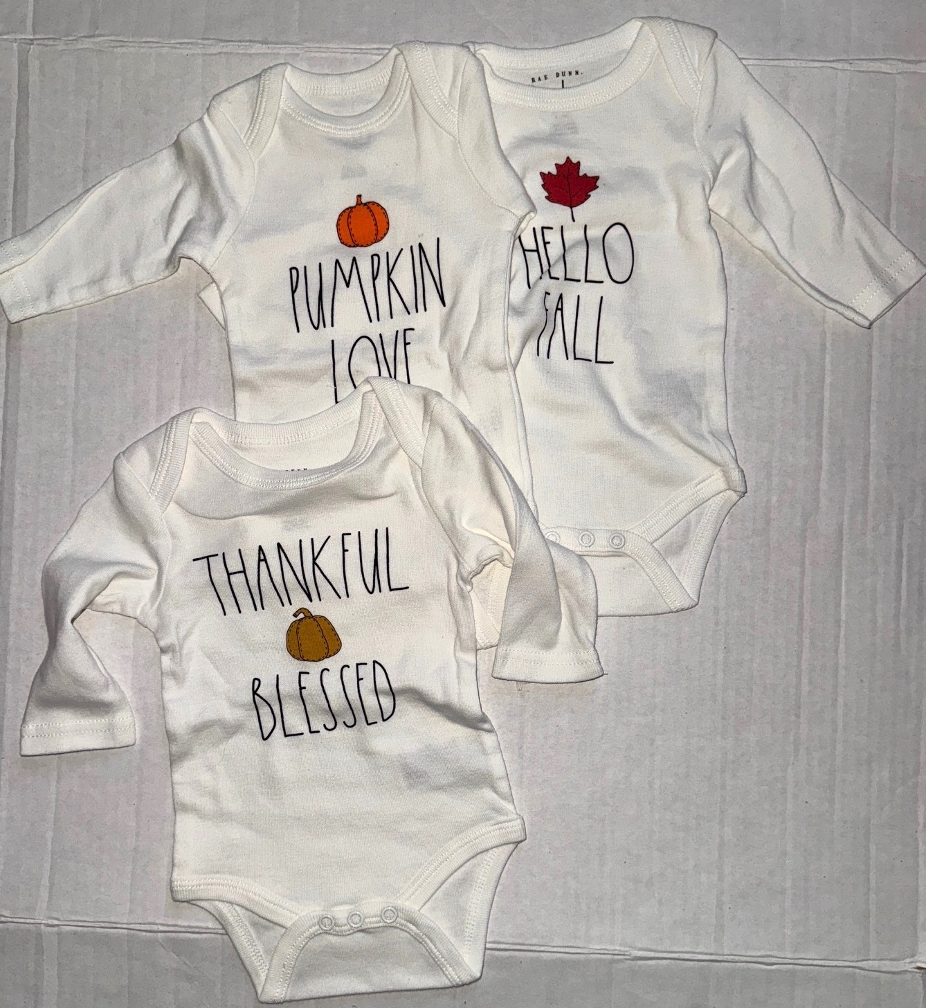 RAE DUNN 3 piece set creeper white/brown FALL MOTIF size 0-3 months