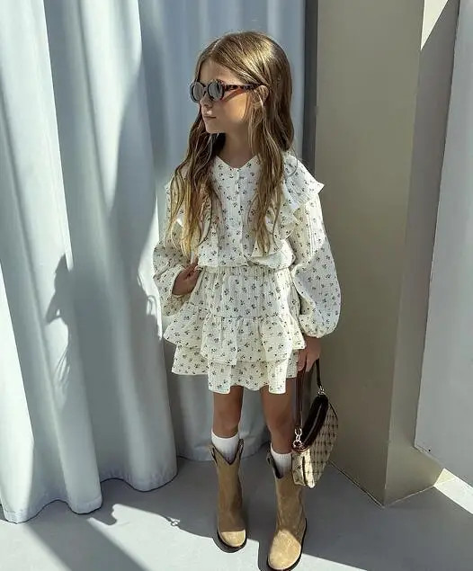New Girl’s Dress Autumn Floral Lace Shirt+Cake Skirt Two-piece Set