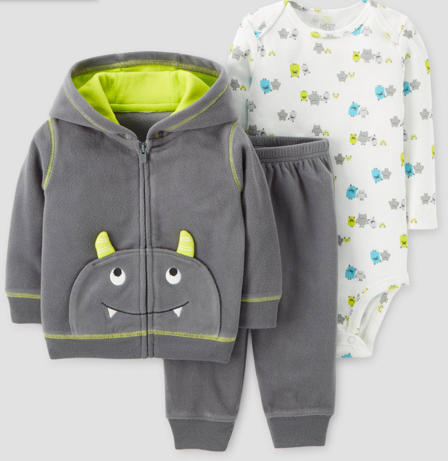 Baby Boy 3 Piece Little Monster Hooded Jacket & Pants & Bodysuit NWT Fleece JOY