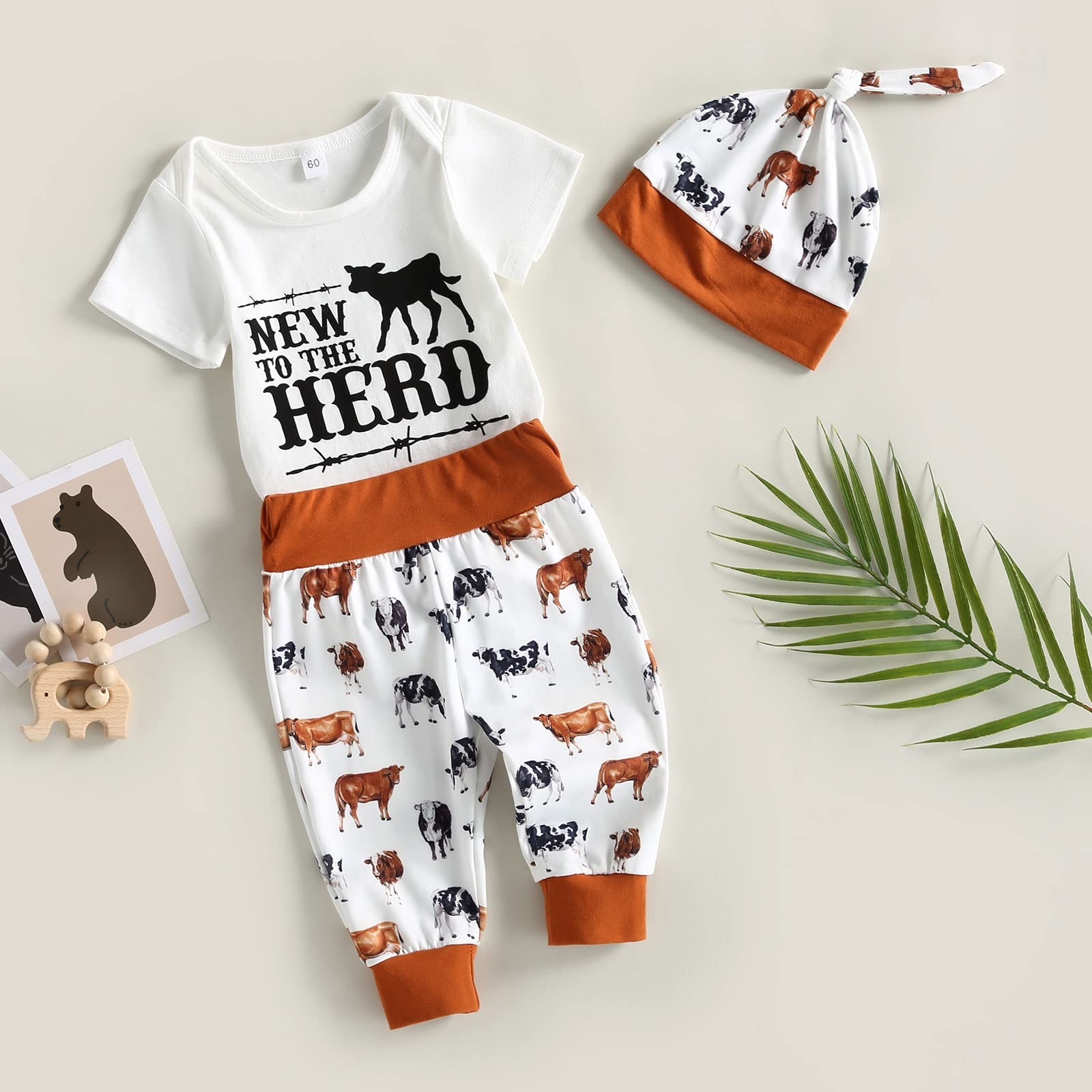 Newborn Baby Boy Girl Clothes Cow Print Romper Bodysuit and Pants with Hat/He…