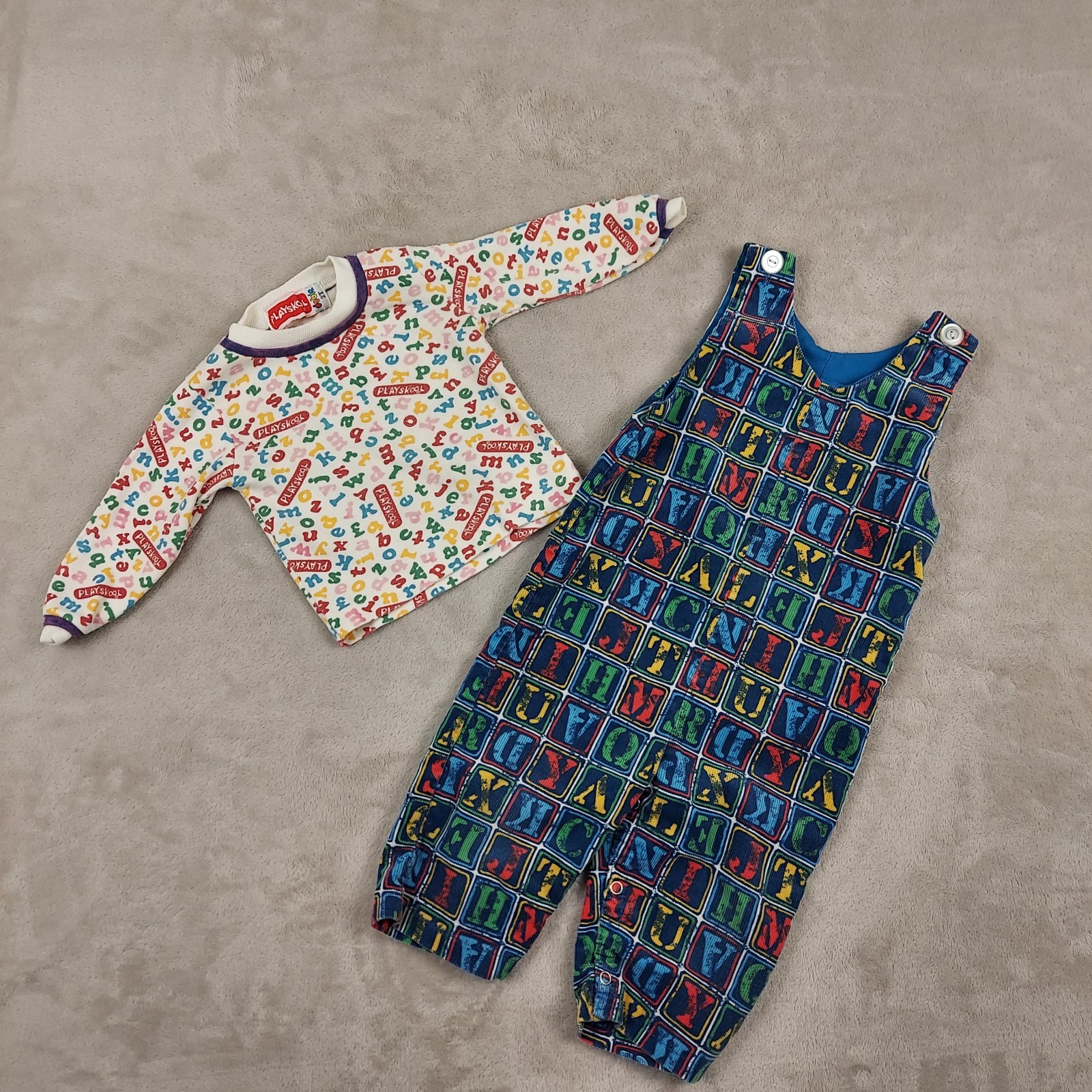 Vintage Playskool Toddler 2 Piece Set 2T Long Sleeve Shirt Corduroy Overalls AOP