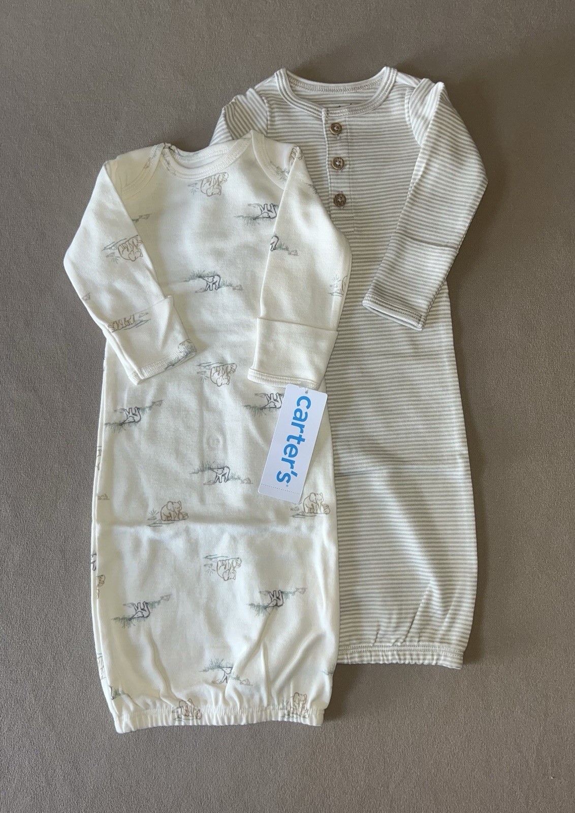 TWO Carter’s Unisex Preemie 100% Cotton Long-Sleeve Layette Gowns, New with Tags