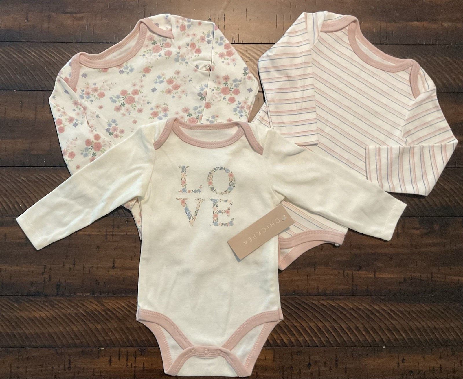Chickpea Baby Girls 6-9 Months 3 Piece Bodysuits Long Sleeve Floral Stripes NEW
