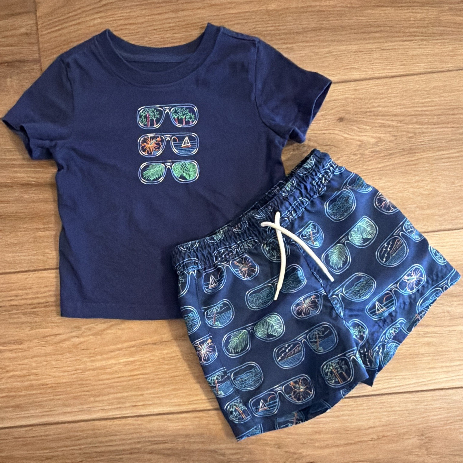 Janie and Jack 12-18M Blue 2pc Shirt & Shorts Set Beach Novelty Drawstring