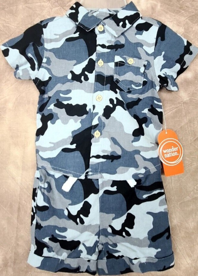 Wonder Nation 6-9 Month Baby Boy’s Gray Camo Linen 2 Piece Set Top & Shorts
