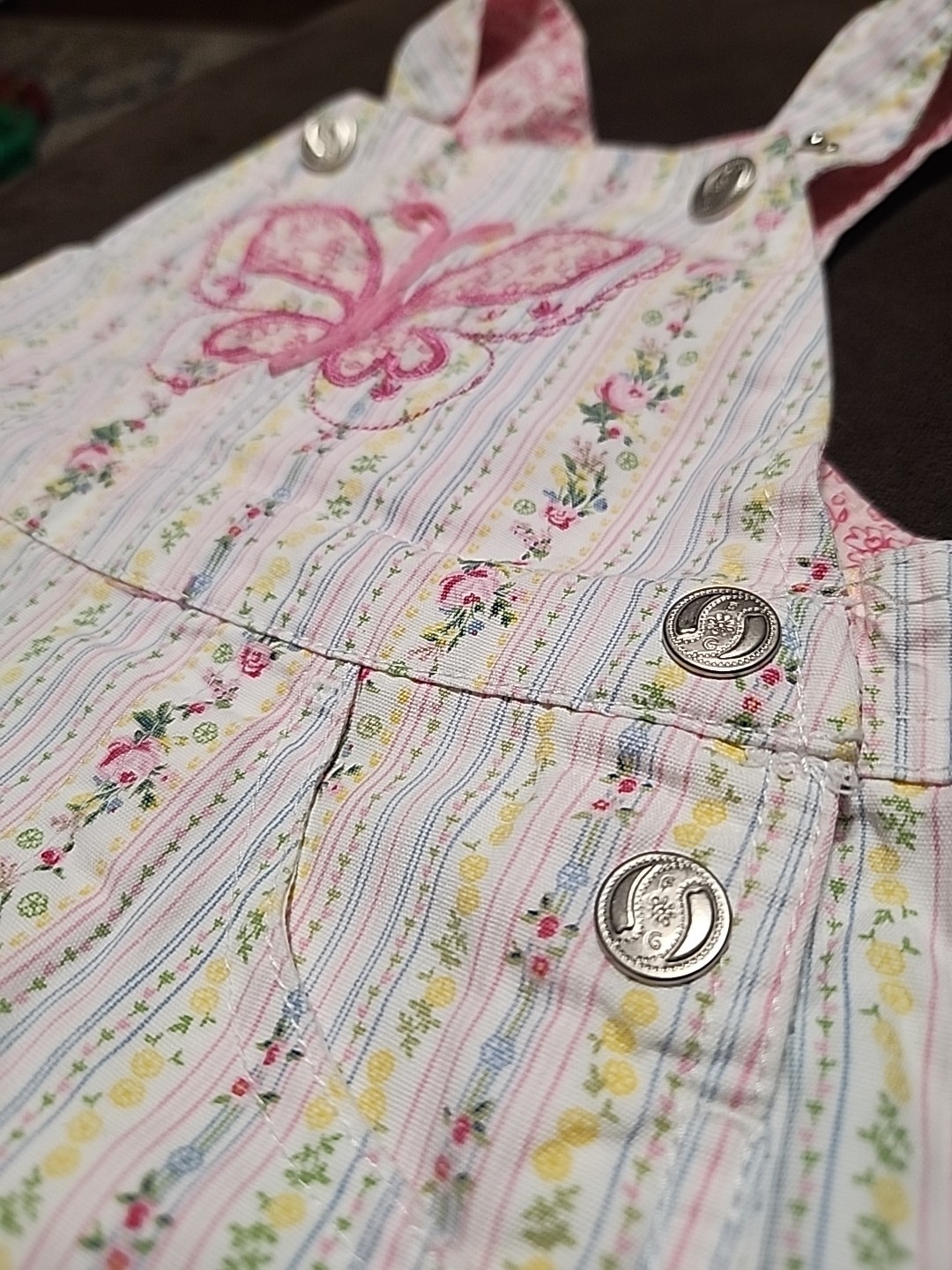 Vtg Y2K Faded Glory Floral Overalls Romper 12 Mth Girl Butterfly Embroidered