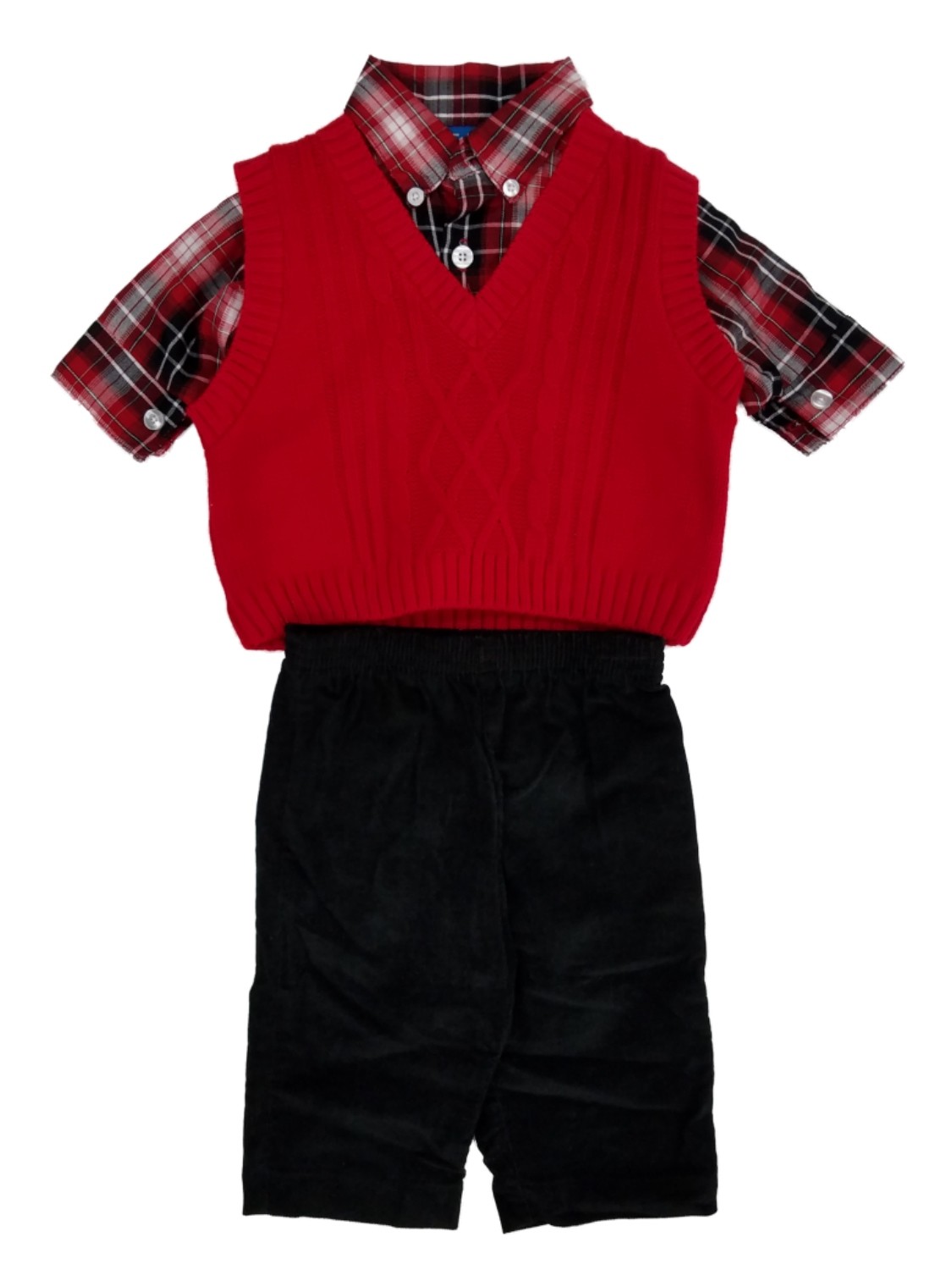 Infant & Toddler Boys 3pc Red Sweater Vest Plaid Shirt & Black Corduroy Pant Set