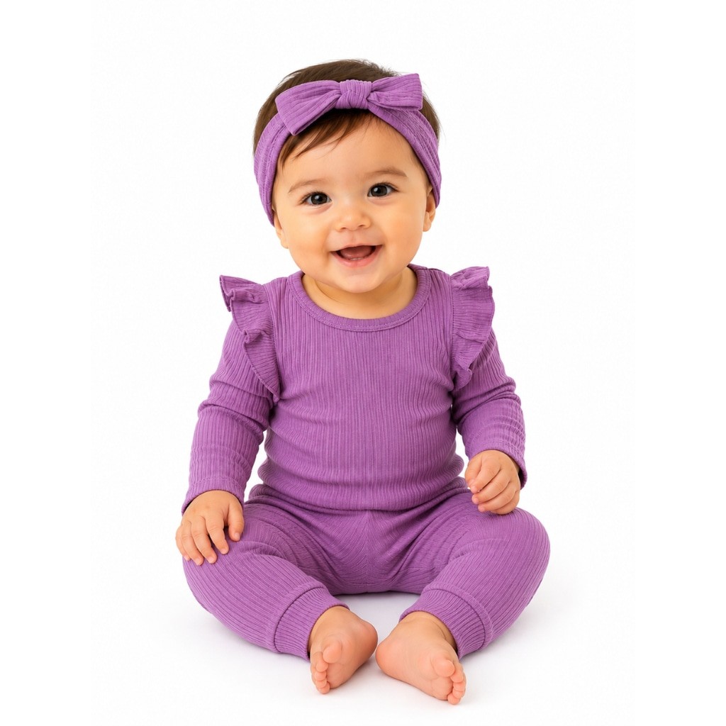 Baby Girl 3-Piece Rib Frill Long Sleeve Romper & Pant Set-Size 12-18 Months–NWT