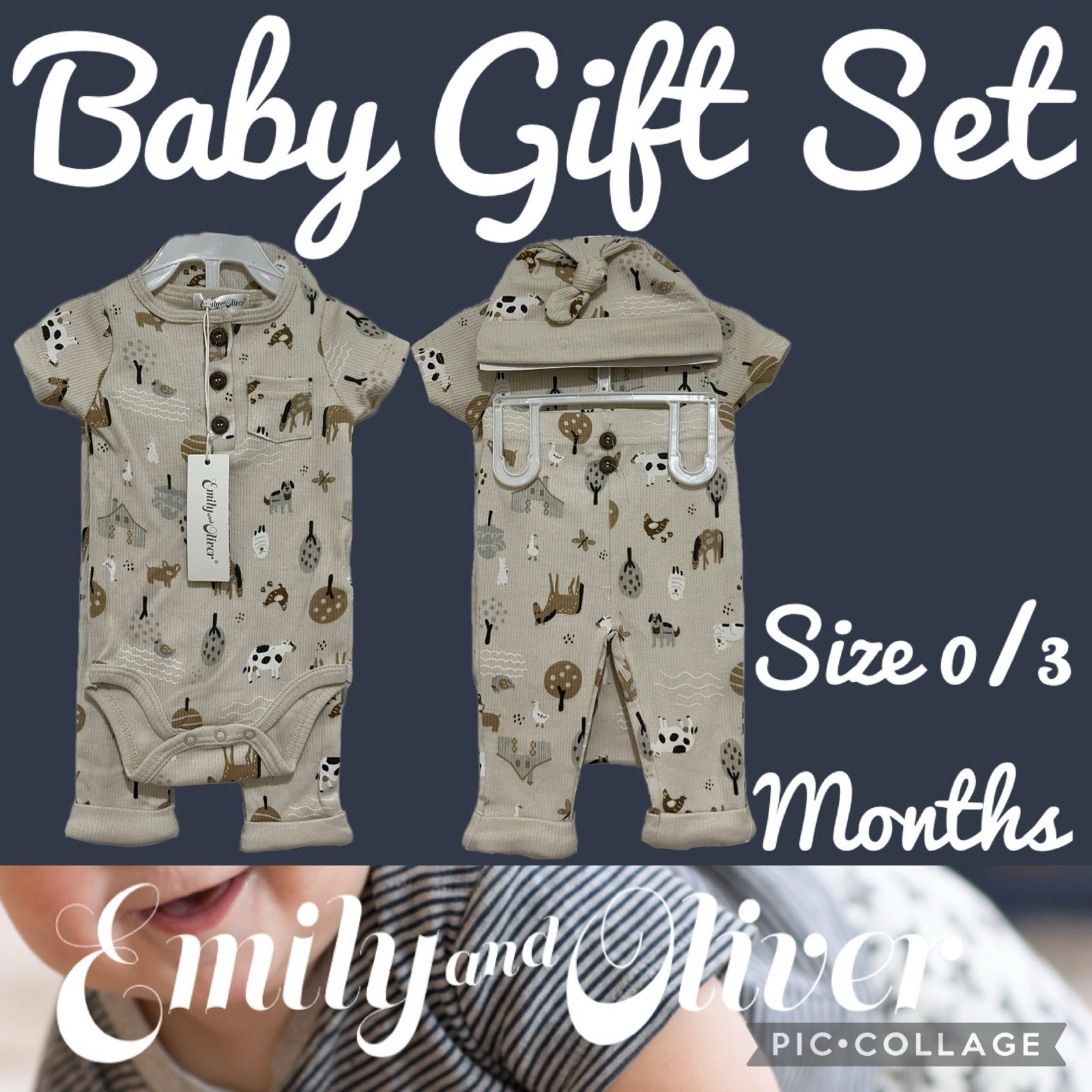 Emily & Oliver 3 Piece Farm Animals Gift Set Baby Outfit Size 0/3 Months