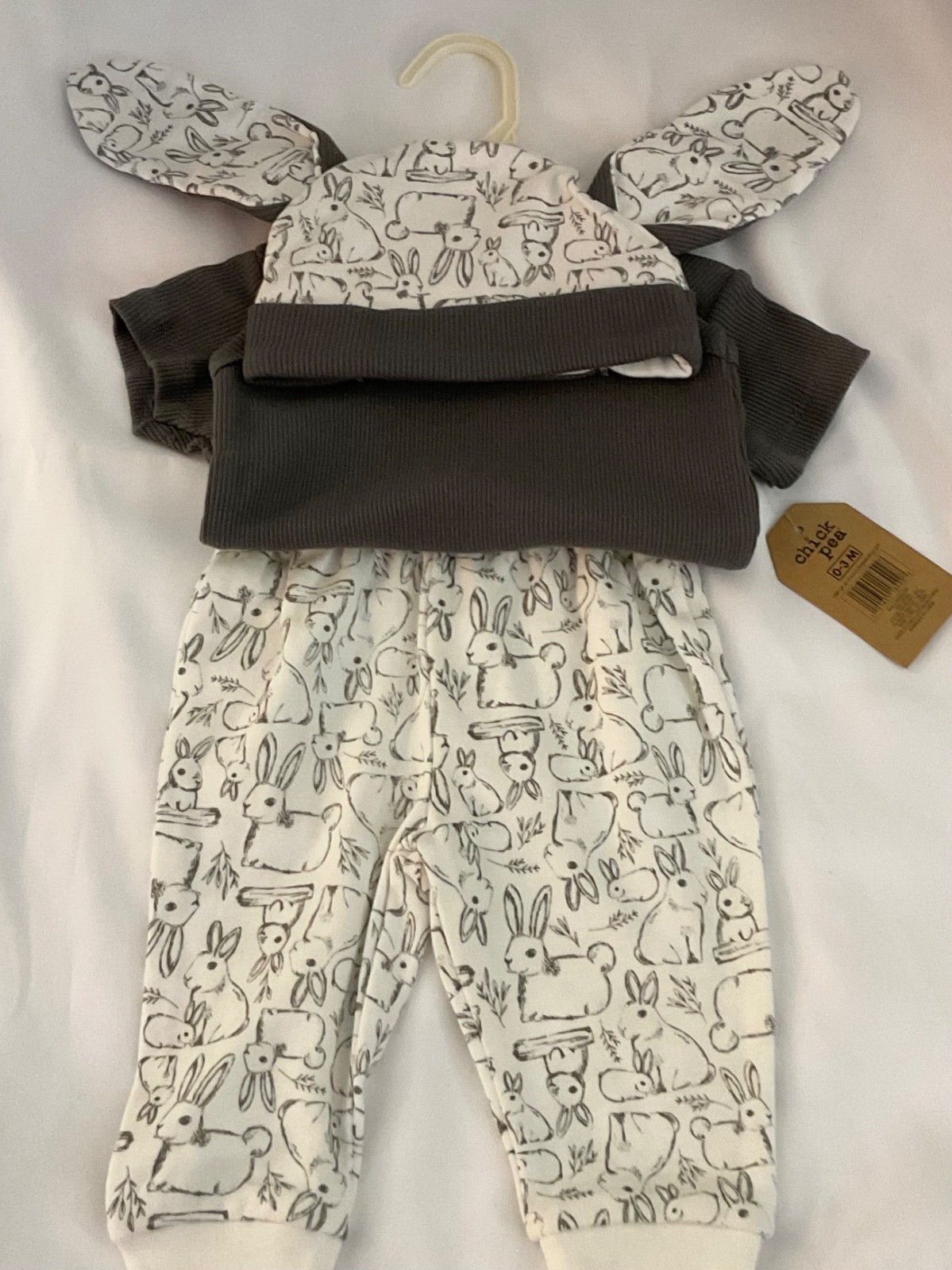 Infant Bunny Outfit 0-3 Mos. Chick Pea Bodysuit Pants Hat w/Ears Ivory/Gray NWT