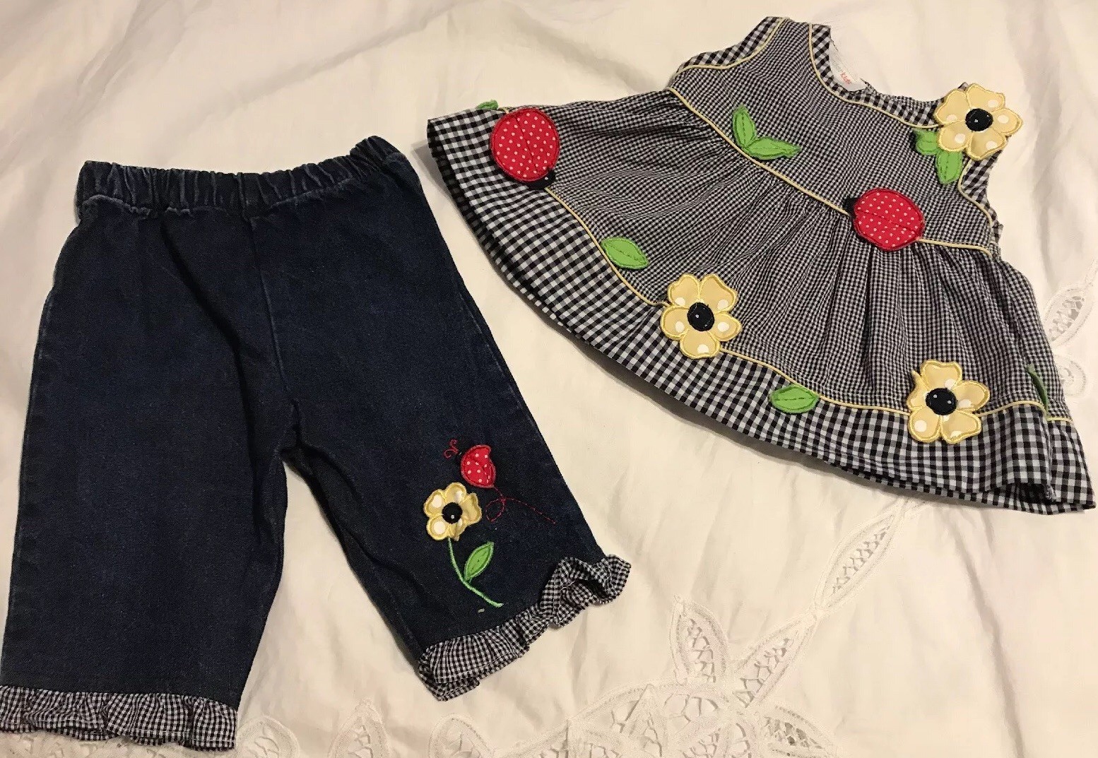 WonderKids Girls Sz 18M Outfit Ladybug Floral Navy Plaid Shirt Denim Pants 2 Pc