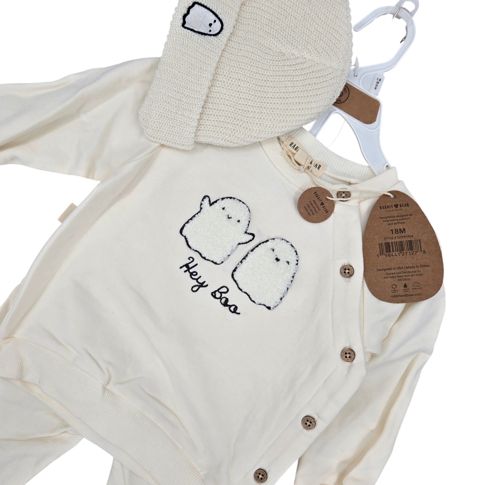 Rabbit & Bear NEW 18M Ghost Hey Boo Sweatshirt Joggers Beanie Set Unisex Cream