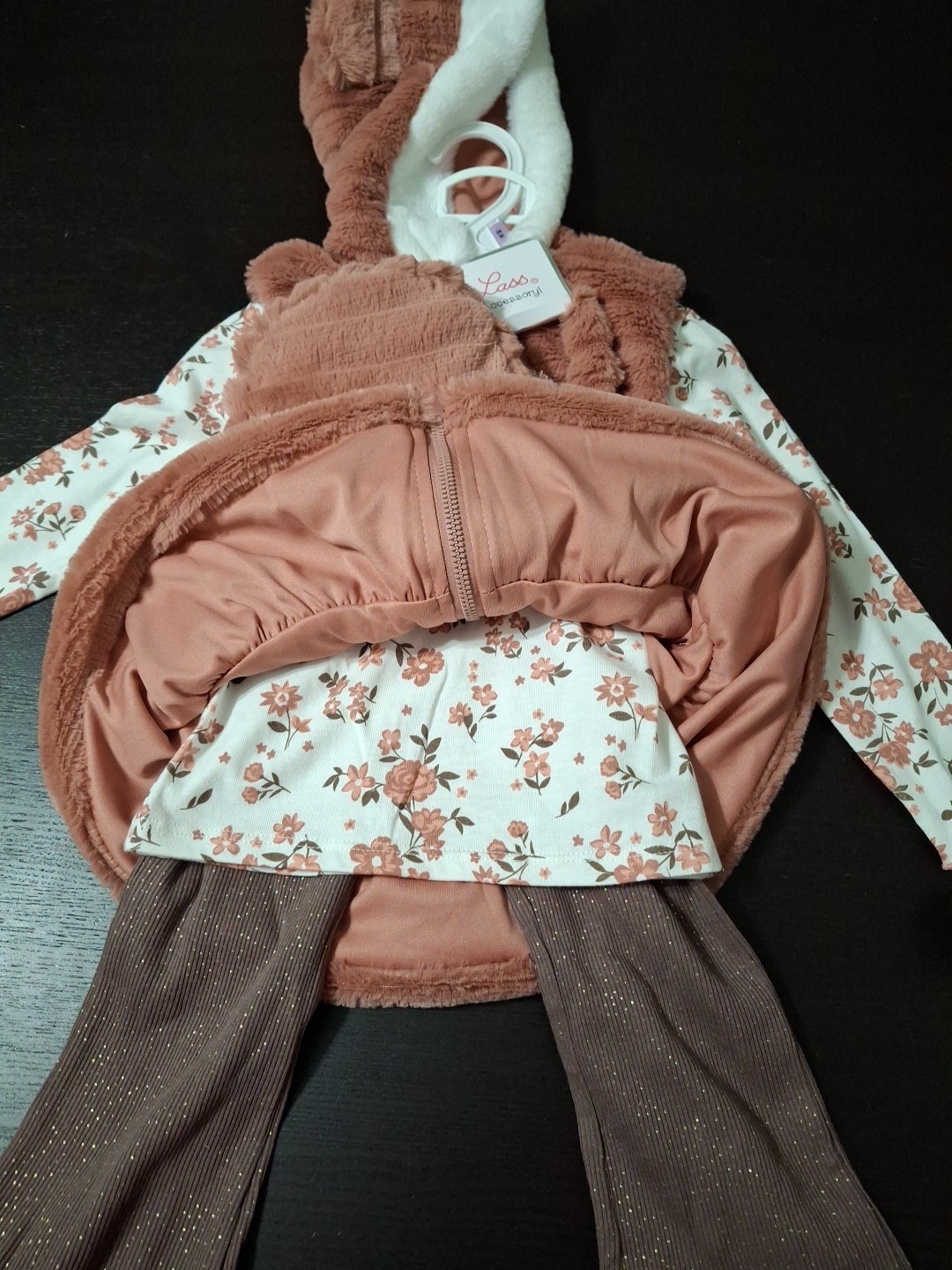 NWT Little Lass 3PC Faux Fur Bear Vest Set Top & Glitter Flare Pants Outfit 24m