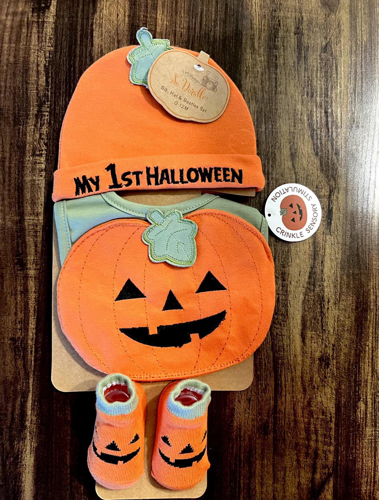 my first halloween 0-12 month baby bib, hat and bootie set pumpkin theme
