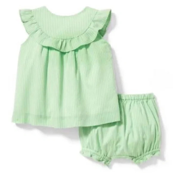 Janie and Jack Girls Green And White Pinstripe 2 Piece Set 0-3M