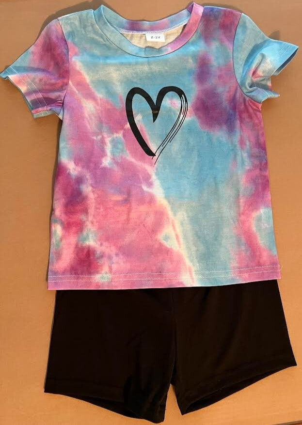 Youth Girls Size 2-3Y 2 Piece T-Shirt and Shorts Set/Outfit Multi Color Heart