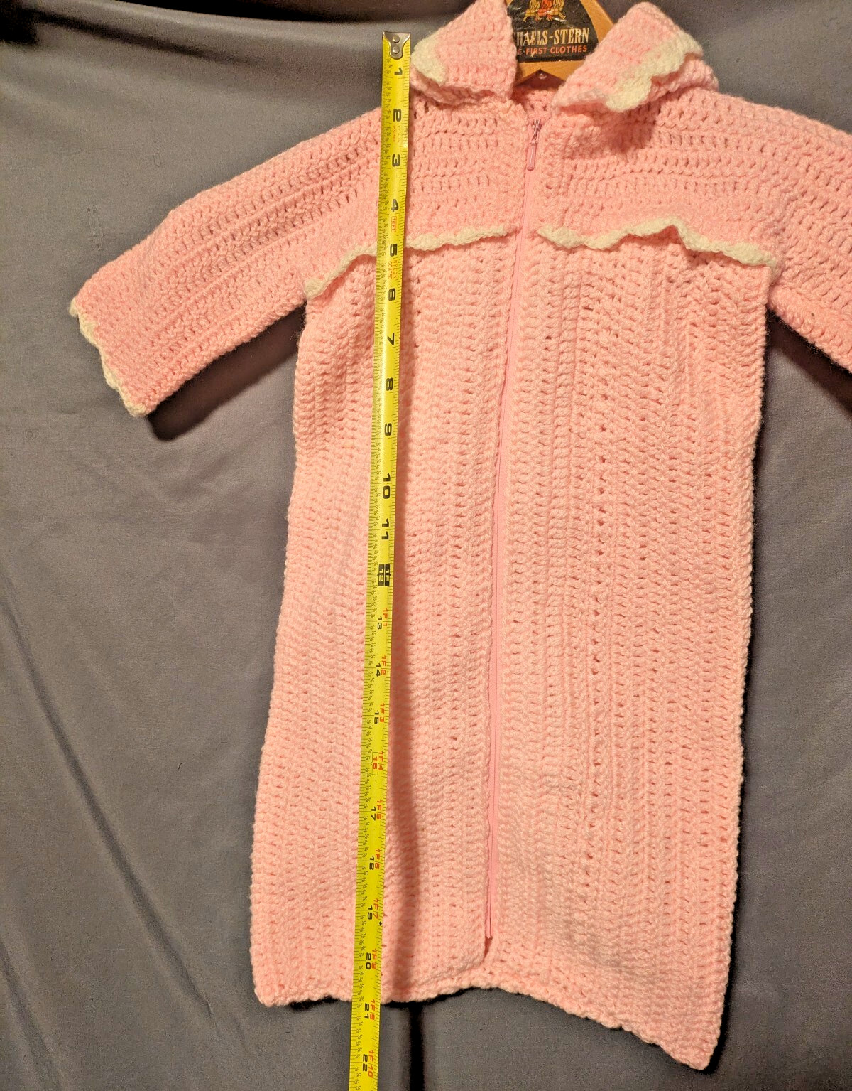 Vintage Handmade Crocheted Pink White Trim Baby Sleeper with Zipper and Hood