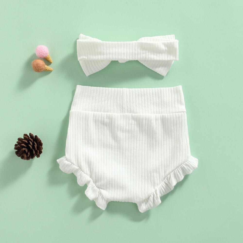 Newborn Infant Baby Girl Ruffle Short Pants Solid Headband Clothes Outfits Set