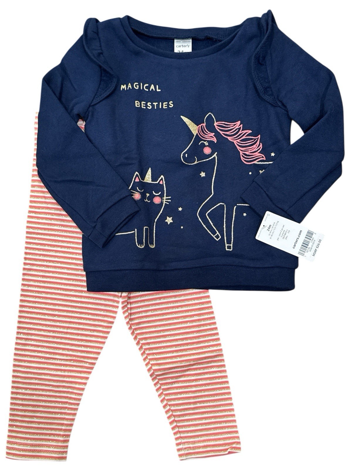 Carter’s Baby Girls 2-Piece Unicorn Fleece Top & Striped Legging Set Size 24M