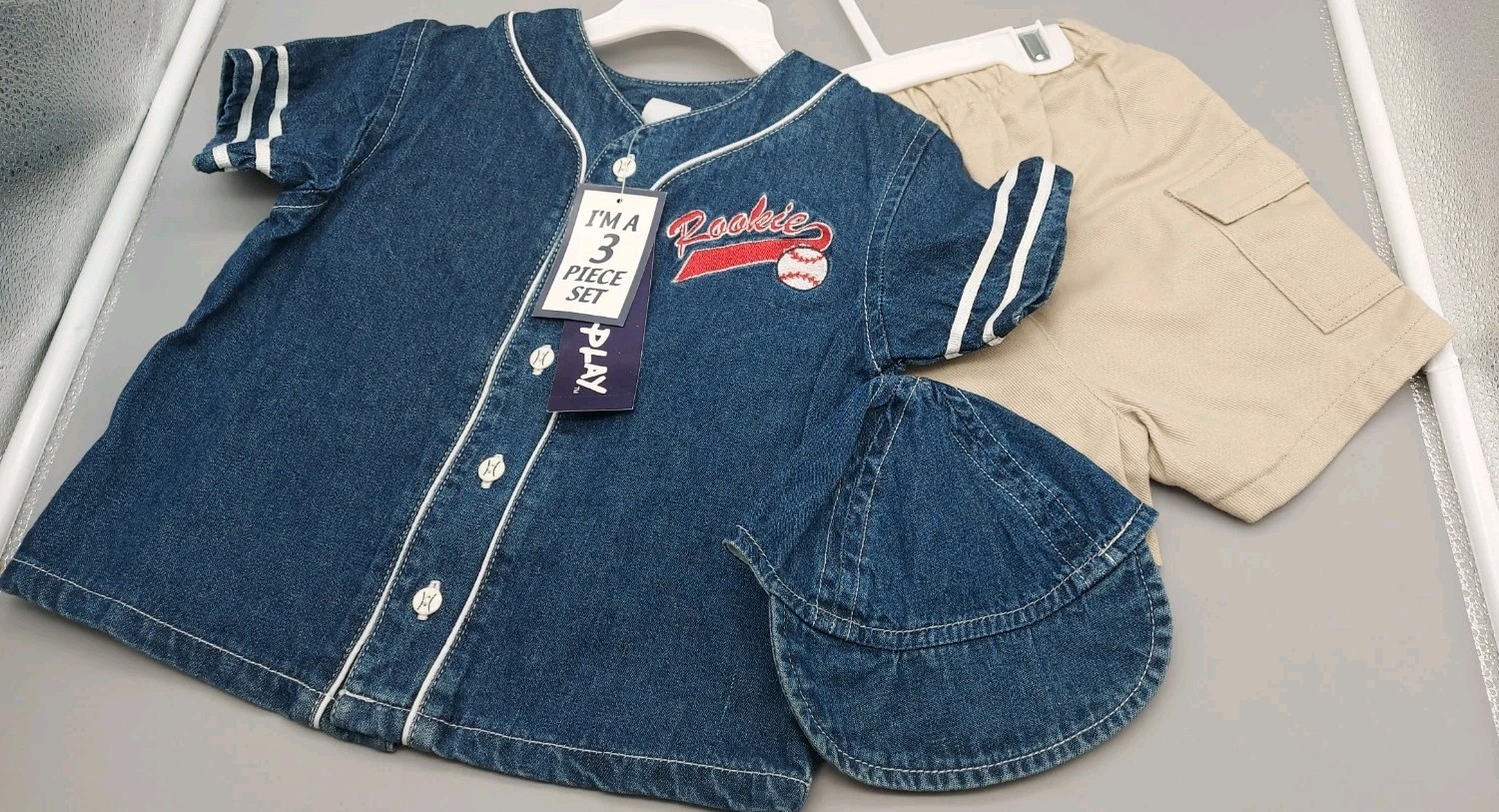 Kids Play Boys 3-piece Set Baseball Denim Jersey Hat & Khaki Shorts 24 Mos. Nwt