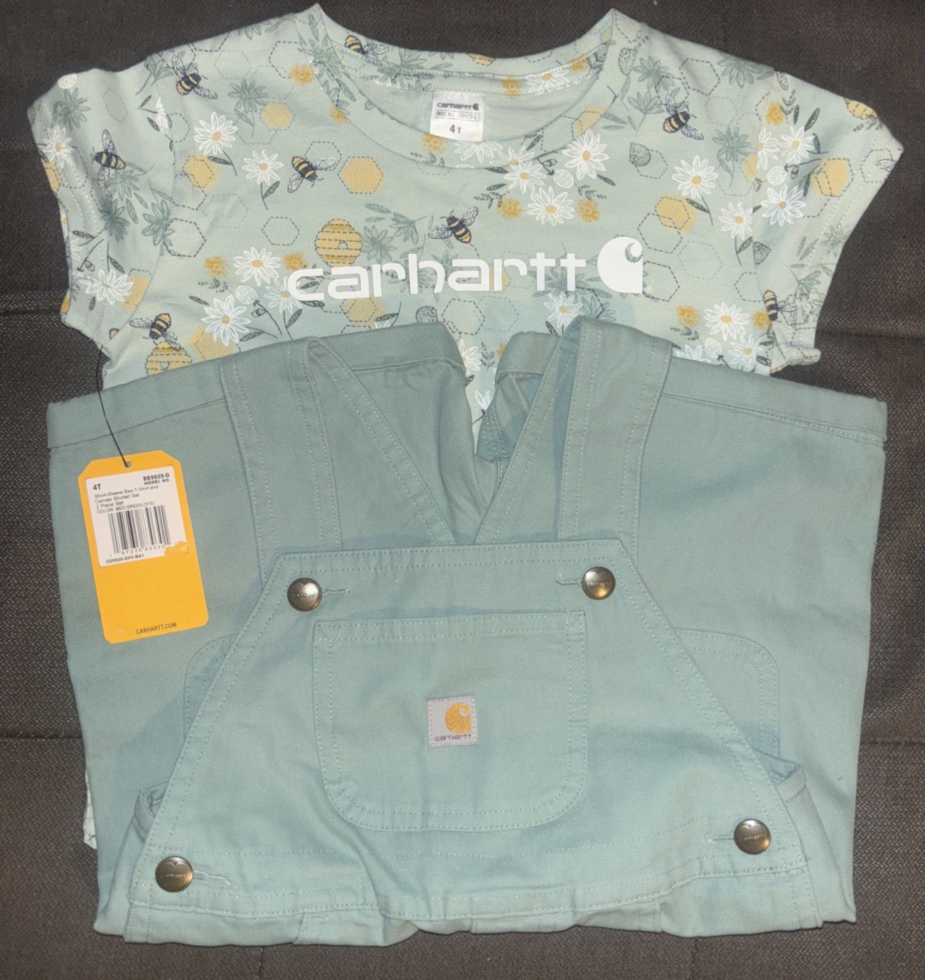 Carhartt🐝Girl’s Short-Sleeve Bee T-Shirt Canvas Shortalls Set Jade Green Sz 4T