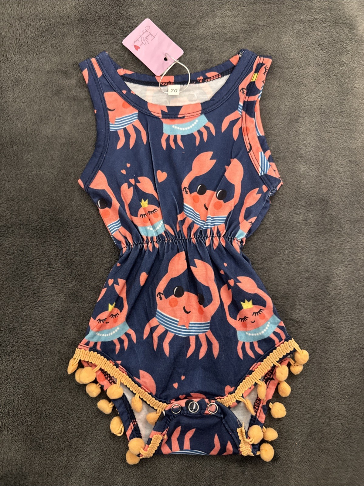 GIRLS BLUE CRAB POM POM ROMPER SIZE 70 fits approx. 6–9 months
