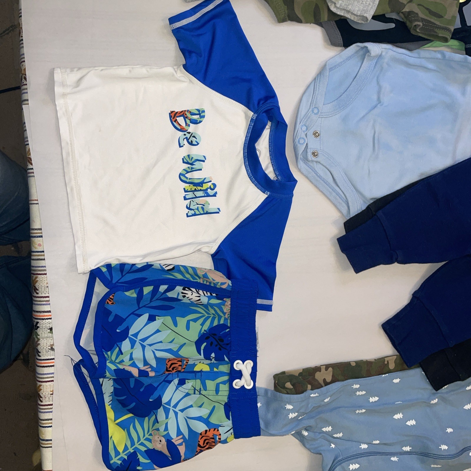 14 pieces Baby Boy Clothing Lot 3-6 thru 6-9 months Tops Bottoms Bathing Suit