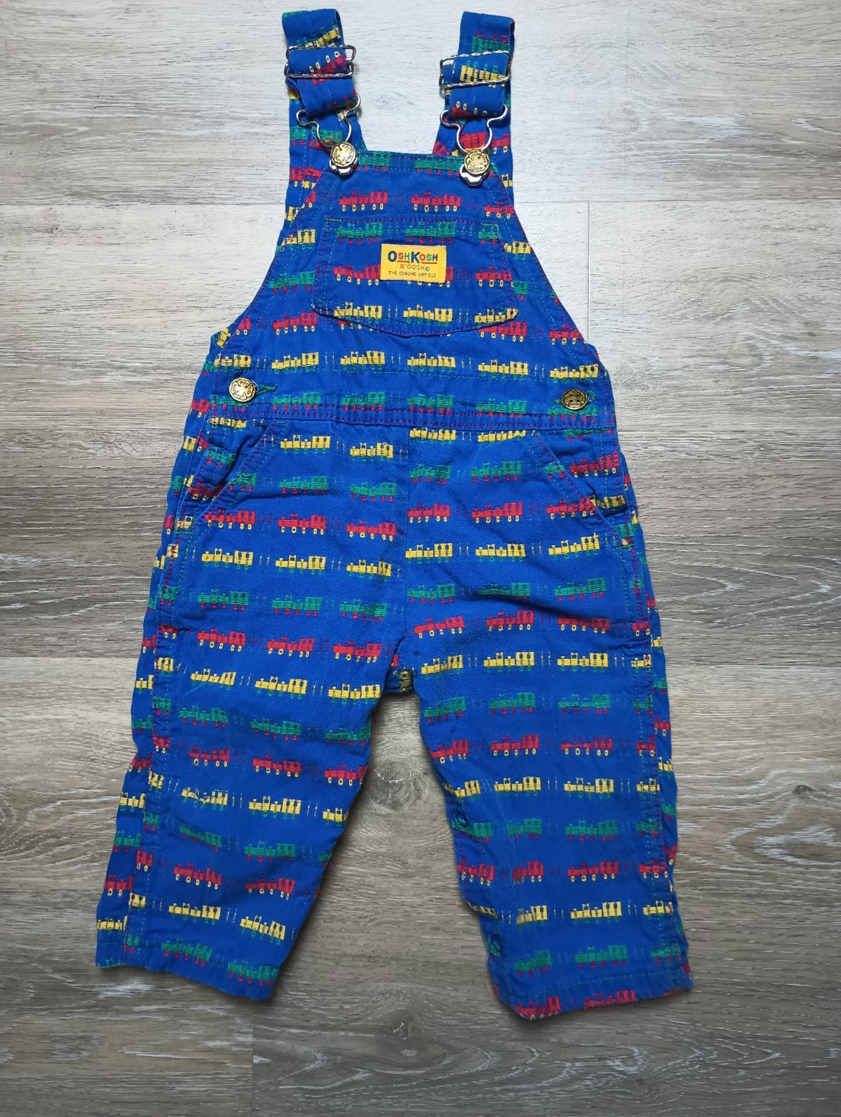 VTG Oshkosh Baby B’gosh Blue Train Overalls Vestbak size 18 Months Colorful AOP