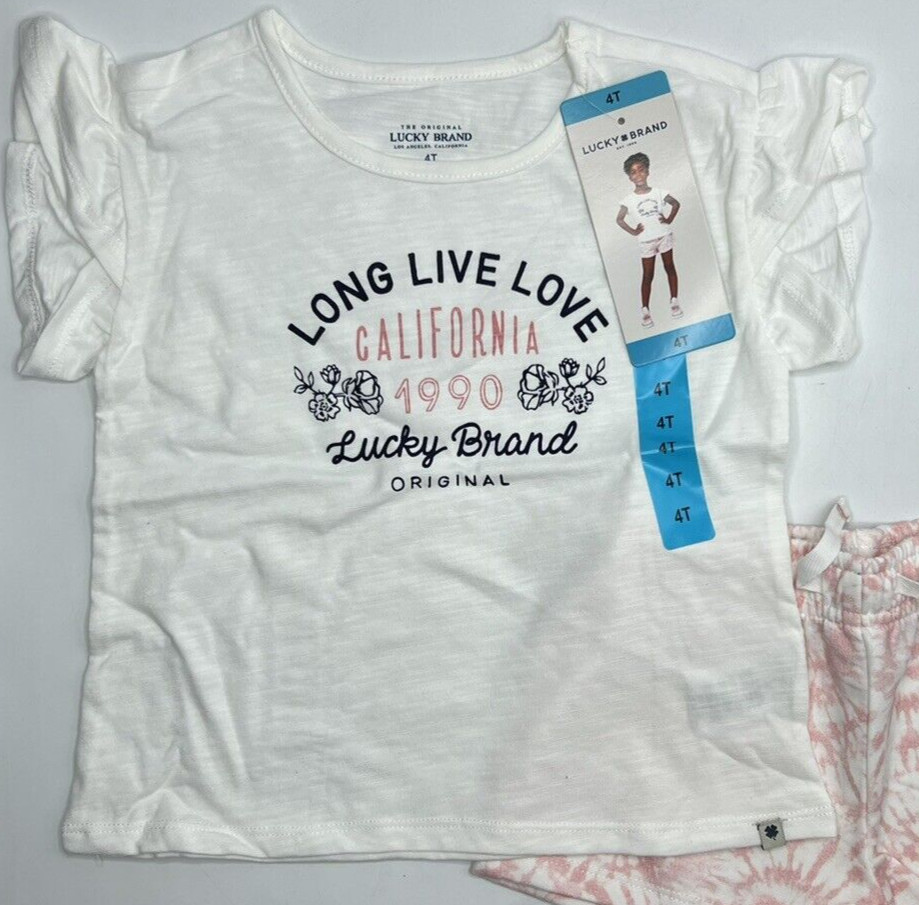 Girls Size 4T Lucky Brand 2-Piece Short Set T-Shirt Summer Outfit White Pink