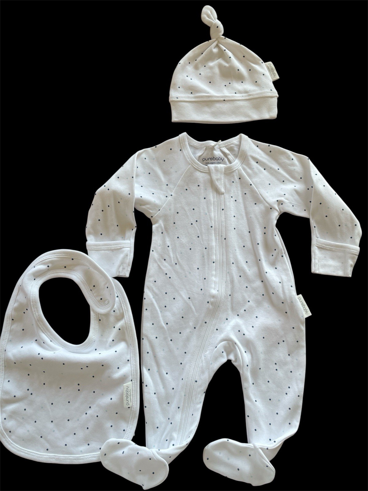PureBaby NWOT White/Blue Dots Organic Cotton Zip Footie, Hat & Bib-0-3Mos