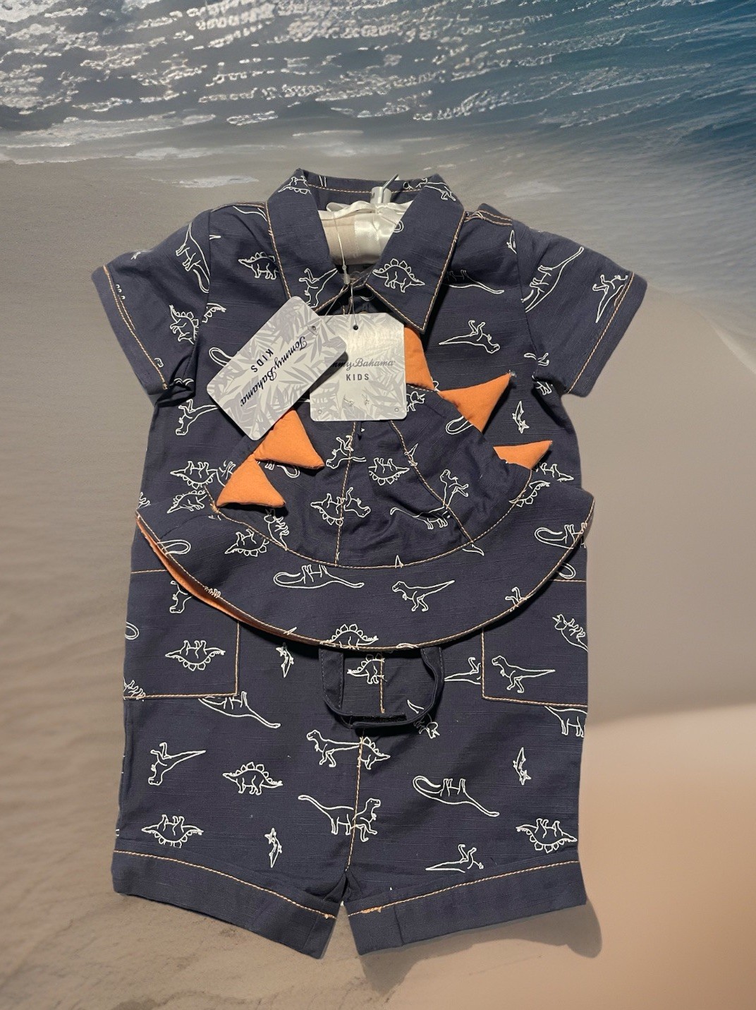 Tommy Bahama Baby Boys Romper Hat Set 3-6 Months Dinosaur Print Blue 2PC Outfit