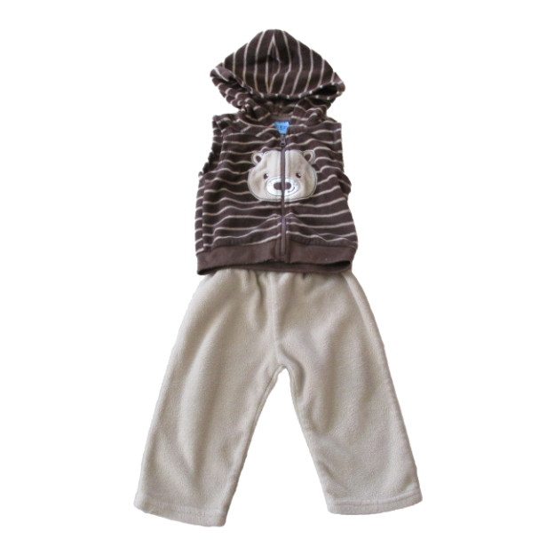 Carters 2 Pc Hooded Vest Pants Outfit Infant Boys 6-9M Tan Brown Striped Bear