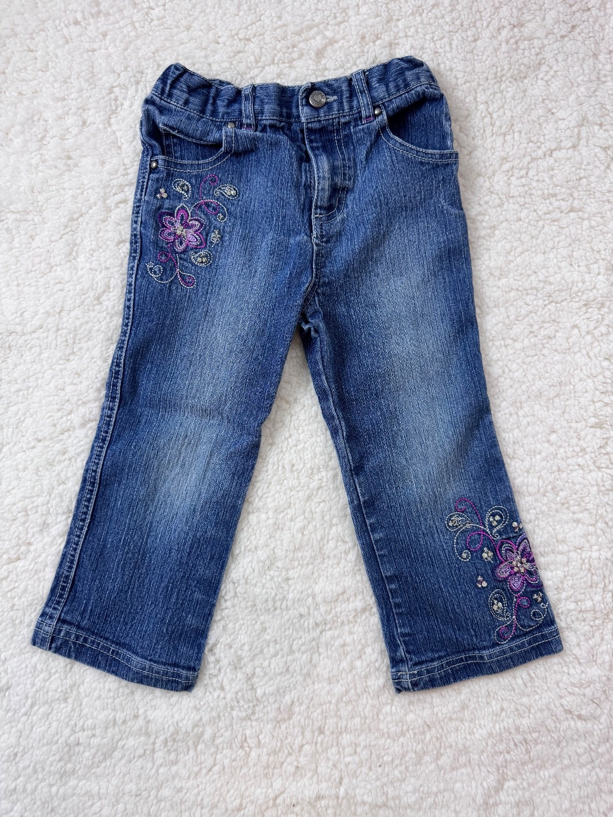 Arizona Girls Jeans Size 3 T Cotton Elastic Adjustable Waist Floral Embroidered
