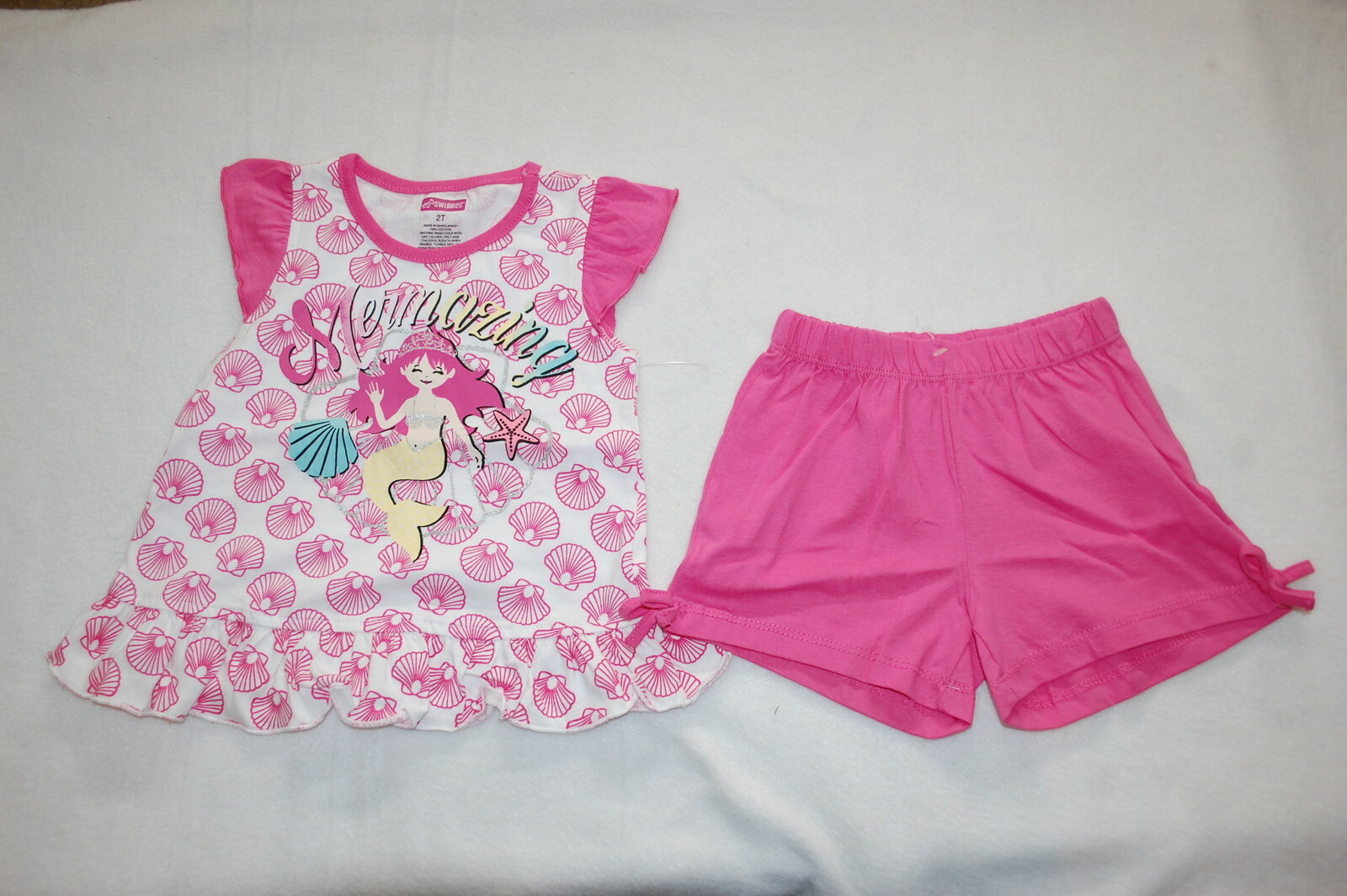 Toddler Girls “MERMAZING” TUNIC TOP Pink White MERMAID SEASHELLS Knit Shorts 2T